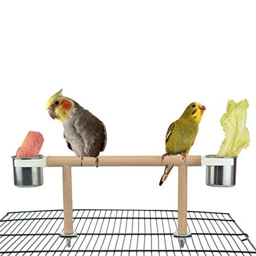 Bird Feeders Water Food Dishes Cups,Cage Top Bird Wood Play Stand Perch with Feeding Watering Bowls ,Birdcage Seed Treats Holder Stainless Steel Cups Toys for Parrots Cockatels Parakeets Conures Finch