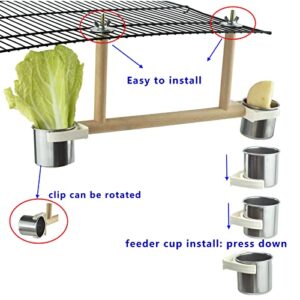 Bird Feeders Water Food Dishes Cups,Cage Top Bird Wood Play Stand Perch with Feeding Watering Bowls ,Birdcage Seed Treats Holder Stainless Steel Cups Toys for Parrots Cockatels Parakeets Conures Finch