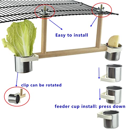 Bird Feeders Water Food Dishes Cups,Cage Top Bird Wood Play Stand Perch with Feeding Watering Bowls ,Birdcage Seed Treats Holder Stainless Steel Cups Toys for Parrots Cockatels Parakeets Conures Finch