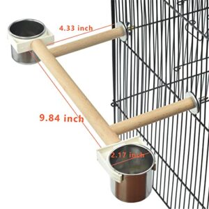 Bird Feeders Water Food Dishes Cups,Cage Top Bird Wood Play Stand Perch with Feeding Watering Bowls ,Birdcage Seed Treats Holder Stainless Steel Cups Toys for Parrots Cockatels Parakeets Conures Finch