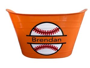 personalized easter baskets for kids - custom baseball sports bucket - plastic pail with name (orange)