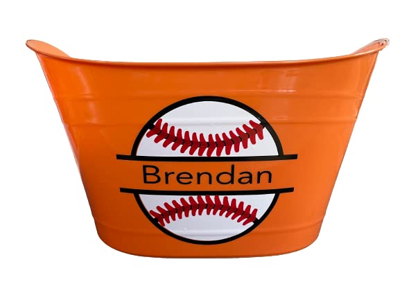 Personalized Easter Baskets for Kids - Custom Baseball Sports Bucket - Plastic Pail With Name (Orange)