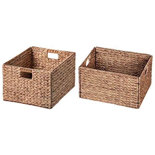 eHemco Rectangular Water Hyacinth Wicker Storage Baskets with Iron Wire Frame, 16.1"x12.6"x9.5", Light Brown, Set of 2