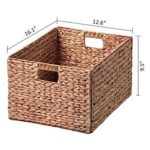 eHemco Rectangular Water Hyacinth Wicker Storage Baskets with Iron Wire Frame, 16.1"x12.6"x9.5", Light Brown, Set of 2