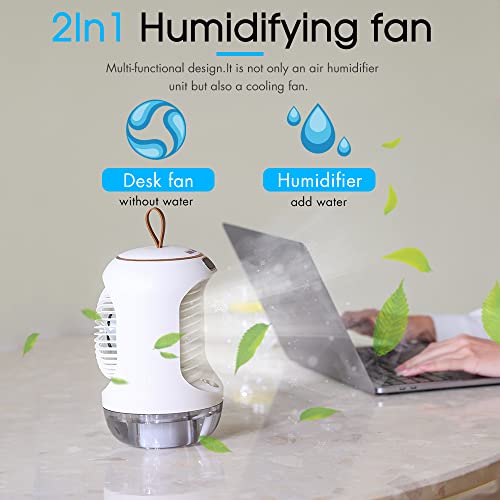 ladoweir Rotating Humidification USB Desktop Fan, 3600 mAh Battery Operated Portable Personal Fan With LED Warm Night Light, Three Speeds Adjustable for Home, Office And Bedroom