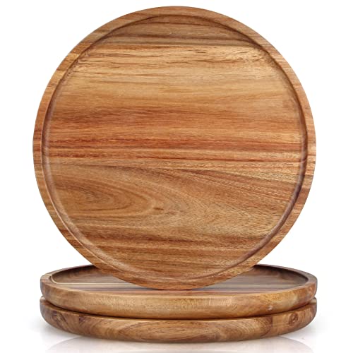 Renawe 3 pcs Acacia Wood Plates 12 inch Dinner Plate Set Round Charcuterie Board Decor Wooden Tray Food Charger Plate Dish Serving Platter Cheese Board Candle Tray Kitchen Plates