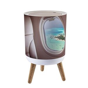 small trash can with lid airplane window with beautiful maldives island view 7 liter round garbage can elasticity press cover lid wastebasket for kitchen bathroom office 1.8 gallon