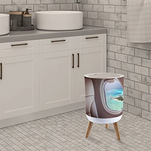 Small Trash Can with Lid Airplane Window with Beautiful Maldives Island View 7 Liter Round Garbage Can Elasticity Press Cover Lid Wastebasket for Kitchen Bathroom Office 1.8 Gallon