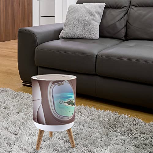 Small Trash Can with Lid Airplane Window with Beautiful Maldives Island View 7 Liter Round Garbage Can Elasticity Press Cover Lid Wastebasket for Kitchen Bathroom Office 1.8 Gallon