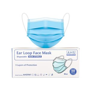 american hospital supply (ahs) earloop masks disposable | adult face covering | 3 ply disposable face mask (box of 50)
