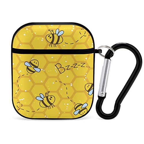 Cute Honey Bee Pattern Airpods Case Wireless Shockproof Protective Bluetooth Headset Cover with A Key Chain Compatible with AirPod 1&2