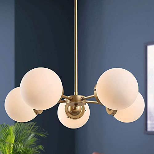 KSANA Gold Globe Chandelier, 5-Light Chandeliers for Dinging Room with White Glass Shade, Mid-Century Modern Pendant Ceiling Light Fixture for Kitchen & Bedroom, Soft Gold, 24’’ W x 66’’ H