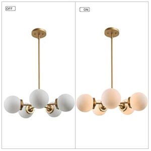 KSANA Gold Globe Chandelier, 5-Light Chandeliers for Dinging Room with White Glass Shade, Mid-Century Modern Pendant Ceiling Light Fixture for Kitchen & Bedroom, Soft Gold, 24’’ W x 66’’ H