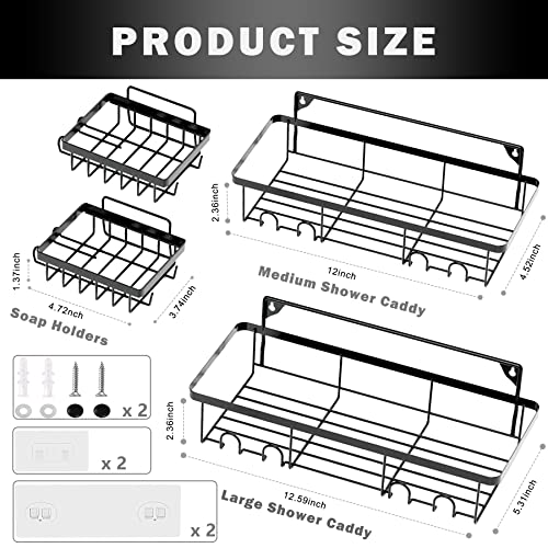 Ginkgo Shower Caddy 4-Pack, Adhesive Shower Organizer Shelf with Hooks + 2 Soap Holders, No Drilling Wall Mount Stainless Steel Shower Shelves Bathroom Basket Rack for Shower Storage (Matte Black)