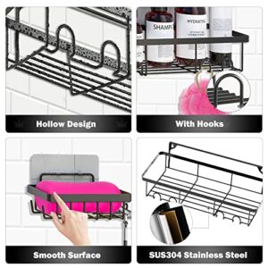 Ginkgo Shower Caddy 4-Pack, Adhesive Shower Organizer Shelf with Hooks + 2 Soap Holders, No Drilling Wall Mount Stainless Steel Shower Shelves Bathroom Basket Rack for Shower Storage (Matte Black)