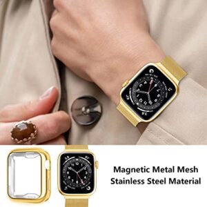 Zsuoop Metal Stainless Steel Band Compatible with Apple Watch Bands 41mm With Screen Protector Case,Magnetic Loop Milanese Adjustable Bands for iWatch Series 8/7/6/5/4/3/2/1/SE Women Men,Yellow Gold