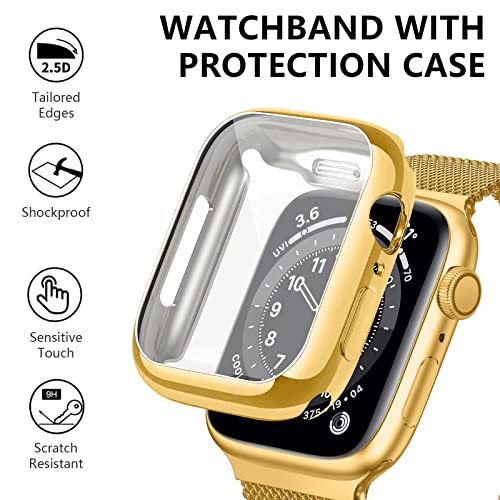 Zsuoop Metal Stainless Steel Band Compatible with Apple Watch Bands 41mm With Screen Protector Case,Magnetic Loop Milanese Adjustable Bands for iWatch Series 8/7/6/5/4/3/2/1/SE Women Men,Yellow Gold