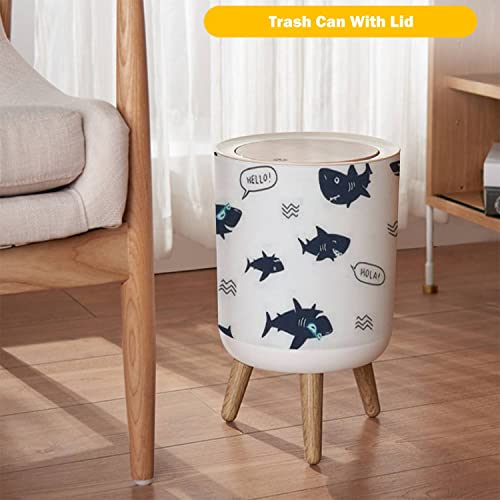 Small Trash Can with Lid Cute Shark Kids t Shirt Wood Legs Press Cover Garbage Bin Round Simple Human Waste Bin Wastebasket for Kitchen Bathroom Office, 8.67x14.3inch