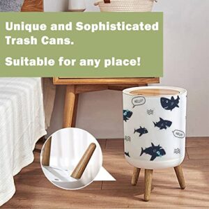 Small Trash Can with Lid Cute Shark Kids t Shirt Wood Legs Press Cover Garbage Bin Round Simple Human Waste Bin Wastebasket for Kitchen Bathroom Office, 8.67x14.3inch