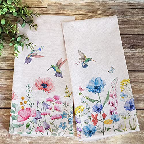 Seliem Summer Anemone Flower Hummingbird Kitchen Dish Towel Set of 2, Wild Floral Ultra Absorbent Hand Drying Baking Cooking Cloth, Spring Seasonal Decor Home Decorations 18 x 26 Inch