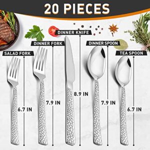 Herogo Stainless Steel Hammered Square Silverware Set for 4, 20-Piece Fancy Flatware Cutlery Set, Metal Tableware Eating Utensils Set for Home Restaurant Wedding, Dishwasher Safe