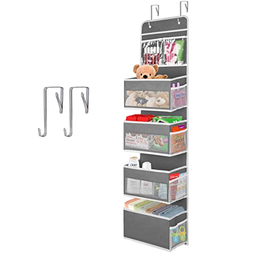 mambabydad Over Door Hanging Organizer with 4 Large Capacity Pockets & 4 Side Pockets & 2 Small Pockets for Nursery/Bedroom/Bathroom/Kitchen,Include 2 Metal Hooks (Grey)