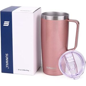 SUNWILL Travel Coffee Mug With Lid, Insulated Tumbler With Handle 24oz, Stainless Steel Coffee Tumbler Double Wall, Reusable Insulated Mug, Pearlized Rose Gold
