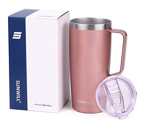 SUNWILL Travel Coffee Mug With Lid, Insulated Tumbler With Handle 24oz, Stainless Steel Coffee Tumbler Double Wall, Reusable Insulated Mug, Pearlized Rose Gold