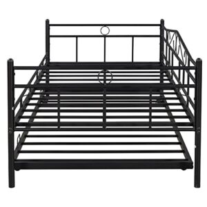 Twin Daybed with Trundle Metal Day Bed Frame with Pullout Trundle, Heavy-Duty Daybed for Living Room Bedroom Kids Teens and Adults, Black