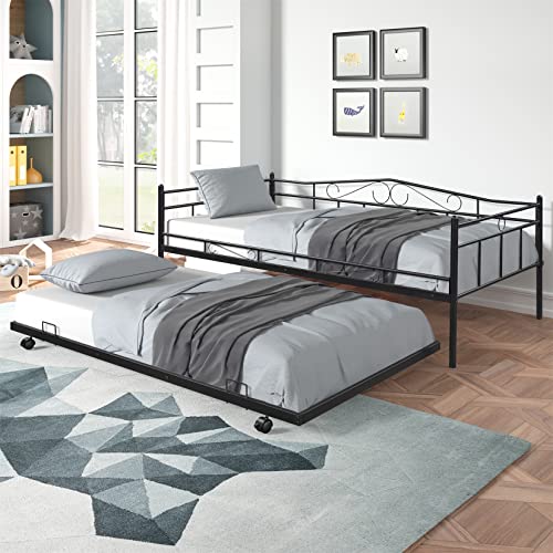 Twin Daybed with Trundle Metal Day Bed Frame with Pullout Trundle, Heavy-Duty Daybed for Living Room Bedroom Kids Teens and Adults, Black