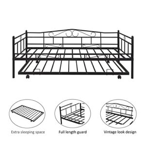 Twin Daybed with Trundle Metal Day Bed Frame with Pullout Trundle, Heavy-Duty Daybed for Living Room Bedroom Kids Teens and Adults, Black