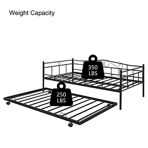 Twin Daybed with Trundle Metal Day Bed Frame with Pullout Trundle, Heavy-Duty Daybed for Living Room Bedroom Kids Teens and Adults, Black