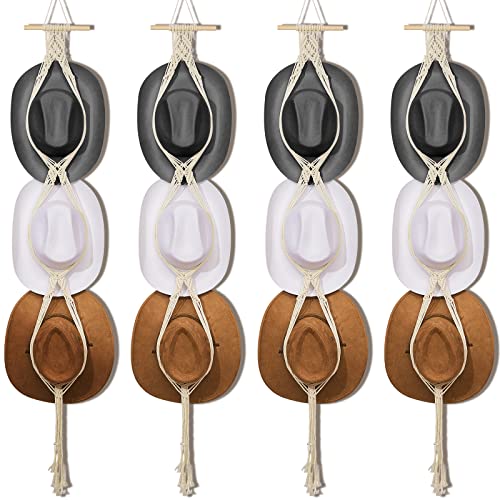 Hat Organizer Bohemian Hat Wall Hanging Wooden Hat Hooks Boho Hat Hangers for Wall Hanging Hat Display Hand Weaving Hat Rack Decorative Cap Holder for Wide Brim and Fedoras Baseball Caps (4 Pieces)