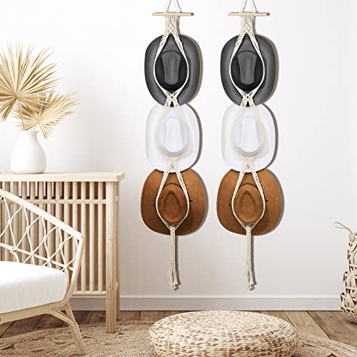 Hat Organizer Bohemian Hat Wall Hanging Wooden Hat Hooks Boho Hat Hangers for Wall Hanging Hat Display Hand Weaving Hat Rack Decorative Cap Holder for Wide Brim and Fedoras Baseball Caps (4 Pieces)