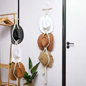 Hat Organizer Bohemian Hat Wall Hanging Wooden Hat Hooks Boho Hat Hangers for Wall Hanging Hat Display Hand Weaving Hat Rack Decorative Cap Holder for Wide Brim and Fedoras Baseball Caps (4 Pieces)