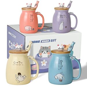 cute cat mug set of 4 ceramic coffee cups with lovely kitty lid and fish spoon novelty morning tea milk mug set for girls women christmas birthday gift 500ml/15oz (4pcs,blue pink purple yellow)