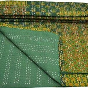Maviss Homes Beautiful Indian Traditional Patchwork Super Soft Cotton Double Kantha Quilt | Throw Blanket Bedspreads | Cozy Blanket Quilt | Easy Machine Washable and Dryable (Green)