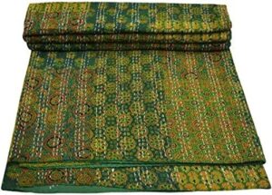 maviss homes beautiful indian traditional patchwork super soft cotton double kantha quilt | throw blanket bedspreads | cozy blanket quilt | easy machine washable and dryable (green)
