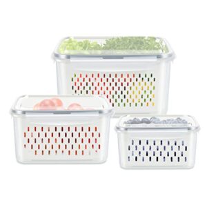 3 pack fruit storage containers for fridge, produce saver vegetable container with drain colanders - refrigerator organizer for lettuce berry keepers