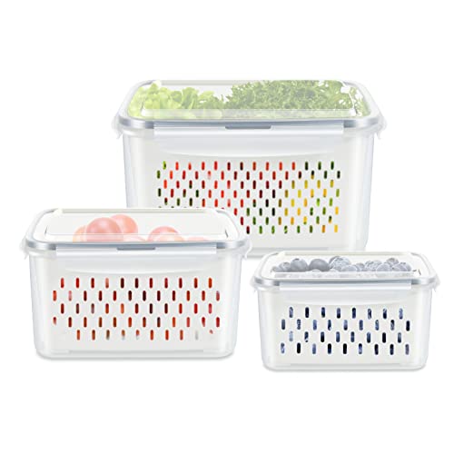 3 Pack Fruit Storage Containers for Fridge, Produce Saver Vegetable Container with Drain Colanders - Refrigerator Organizer for Lettuce Berry Keepers