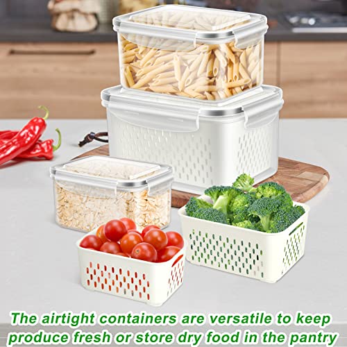 3 Pack Fruit Storage Containers for Fridge, Produce Saver Vegetable Container with Drain Colanders - Refrigerator Organizer for Lettuce Berry Keepers