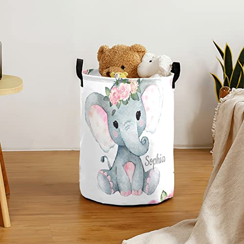Pink Flower Elephant Laundry Basket Personalized Name Waterproof Laundry Hamper with Handles for Laundry Room Bathroom College