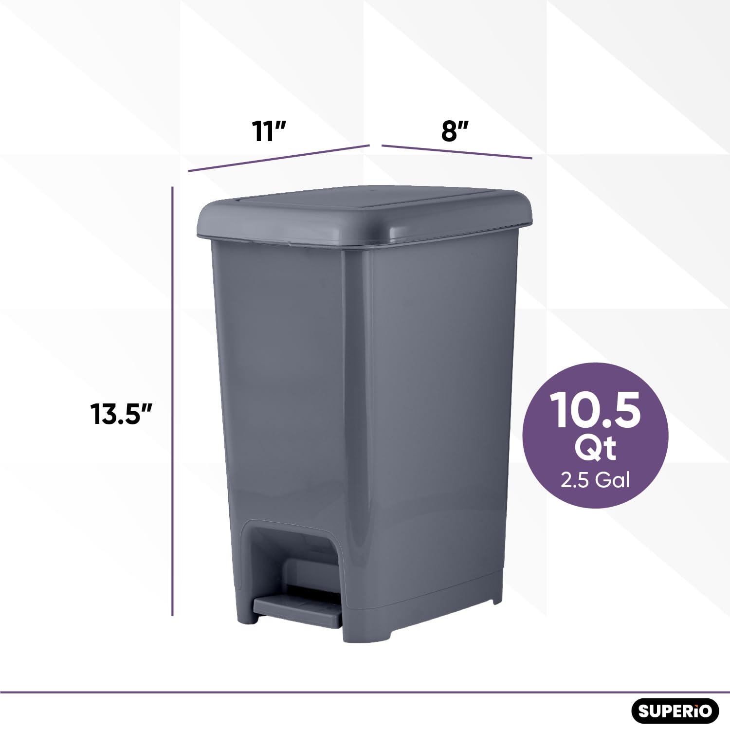 Superio Slim Trash Can with Foot Pedal – 2.5 Gallon Step-On Trash Can, Garbage Can, Small Trash Can for Bathroom, Kitchen, Office, Patio, or Backyard – Onyx Grey