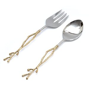 twig salad servers brass & stainless steel, fork & spoon set leaf design, two tone ideal for weddings, dinner parties, elegant flatware, housewarming gifts, stainless steel mirror polished (gold twig)