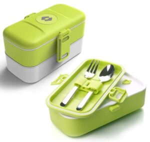 sarz bento lunch box for kids - with 2 containers and 4 compartments, modern stackable cute bento lunch box with cutlery set, two adjustable dividers, microwave and dishwasher safe (green)