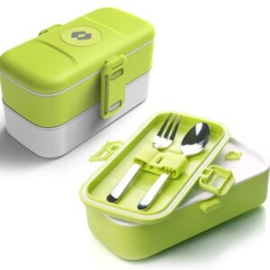 SARZ Bento Lunch Box for Kids - with 2 Containers and 4 Compartments, Modern Stackable Cute Bento Lunch Box with Cutlery Set, Two Adjustable Dividers, Microwave and Dishwasher Safe (Green)