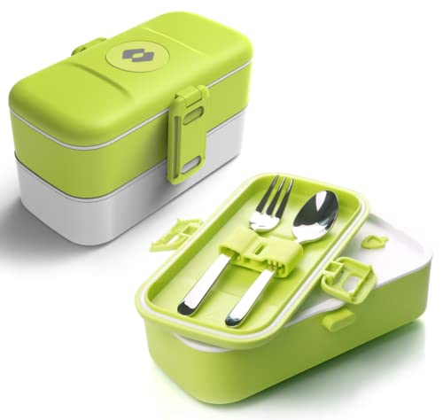 SARZ Bento Lunch Box for Kids - with 2 Containers and 4 Compartments, Modern Stackable Cute Bento Lunch Box with Cutlery Set, Two Adjustable Dividers, Microwave and Dishwasher Safe (Green)