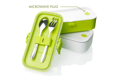 SARZ Bento Lunch Box for Kids - with 2 Containers and 4 Compartments, Modern Stackable Cute Bento Lunch Box with Cutlery Set, Two Adjustable Dividers, Microwave and Dishwasher Safe (Green)