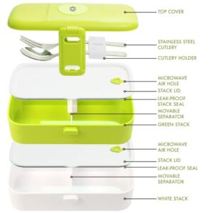 SARZ Bento Lunch Box for Kids - with 2 Containers and 4 Compartments, Modern Stackable Cute Bento Lunch Box with Cutlery Set, Two Adjustable Dividers, Microwave and Dishwasher Safe (Green)