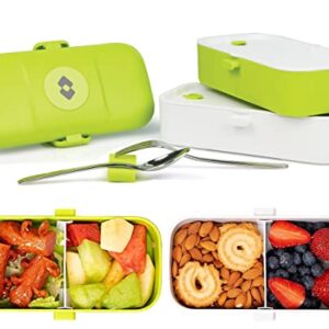 SARZ Bento Lunch Box for Kids - with 2 Containers and 4 Compartments, Modern Stackable Cute Bento Lunch Box with Cutlery Set, Two Adjustable Dividers, Microwave and Dishwasher Safe (Green)